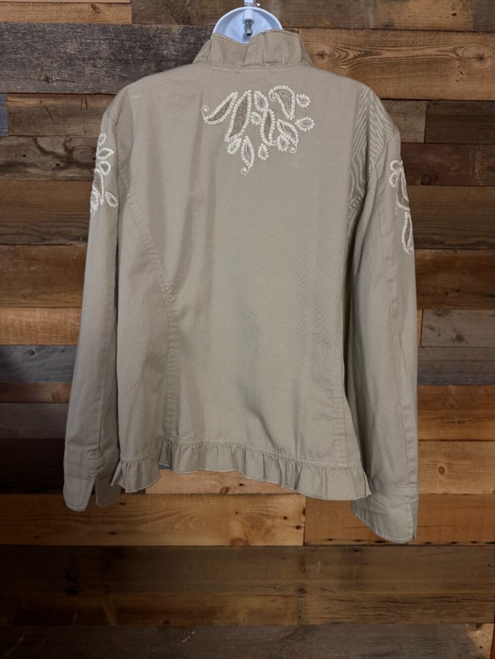 Chico's Tan Cotton Embroidered Open Jacket XL Boho Scallop Hem - Picture 3 of 8